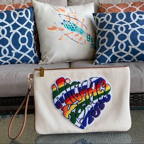 Michael Kors White Canvas Raised Rainbow Logo Heart Wristlet Or Clutch - Picture 11 of 13